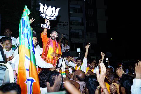 BJP state president G Kishan Reddy during the celebrations after winning the Secunderabad constituency
