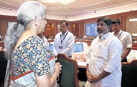 Dy CM Mallu Bhatti Vikramarka with Union Finance Minister Nirmala Sitharaman during pre-Budget meeting in New Delhi on Saturday