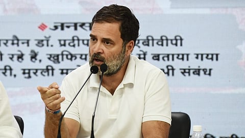 Congress party leader Rahul Gandhi during a media briefing at the party headquarters in New Delhi on June 20, 2024.