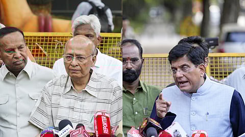 Congress leader Abhishek Manu Singhvi (L) and BJP leader Piyush Goyal speak with the media after meeting Election Commissioners at Nirvachan Sadan, in New Delhi, Sunday, June 2, 2024.