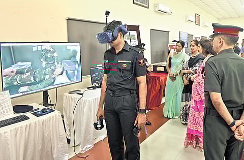 Officers present a demonstration of the virtual reality-based combat medical care (VR CMC) during the 105th convocation ceremony at Military College of Electronics and Mechanical Engineering, Secunderabad, on Saturday