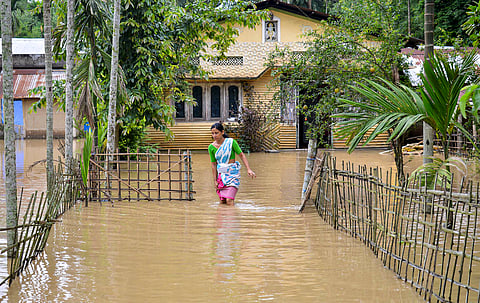 A woman walks through a flooded area following rains, at Kampur, in Nagaon district, Assam