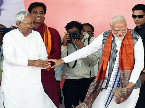 Prime Minister Narendra Modi with TDP chief N Chandrababu Naidu and JD(U) chief Nitish Kumar during National Democratic Alliance (NDA) meeting at PM's residence.