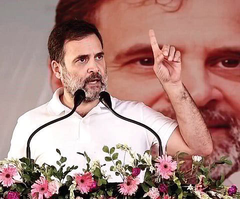 Rahul Gandhi addresses a public meeting in Rae Bareli on Tuesday.