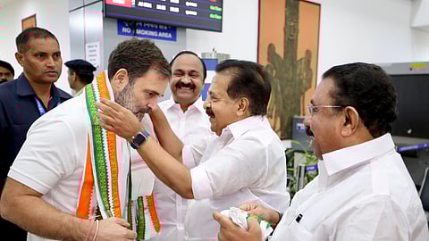 Congress leader Ramesh Chennithala welcoming Rahul Gandhi at Kozhikode airport on Wednesday 