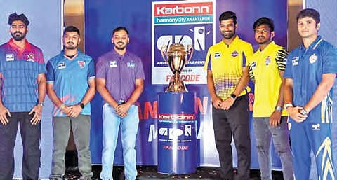 The captains of six teams participating in the Andhra Premier League 3 with the trophy in Visakhapatnam on Saturday.