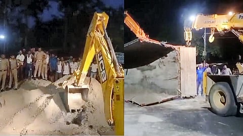 Rescue and relief work underway after a truck loaded with sand overturned on a family at a roadside shanty, in Hardoi district.