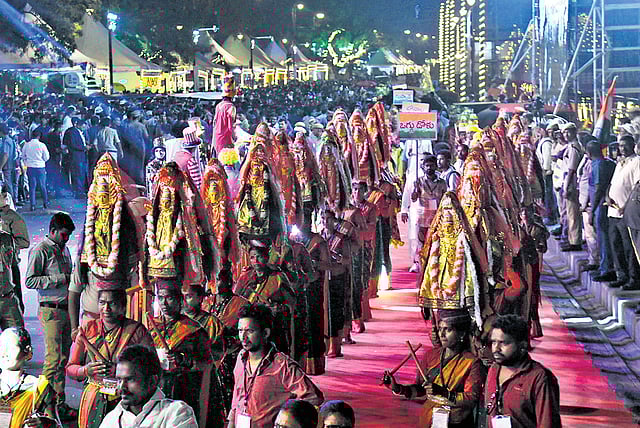 Dancers and performers take part in the celebrations of the Telangana Formation Day on Tank Bund, Hyderabad, on Sunday