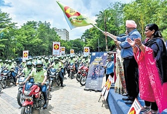 The bike rally being flagged off by VC of KIIT University Saranjit Singh in Bhubaneswar on Thursday 