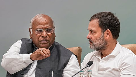 Congress President Mallikarjun Kharge with party leader Rahul Gandhi during the extended Congress Working Committee meeting, in New Delhi, Saturday, June 8, 2024.