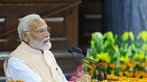 Prime Minister Narendra Modi addresses the NDA Parliamentary Party meeting at Samvidhan Sadan, in New Delhi.