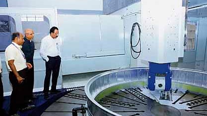 ISRO Chairman S Somanath inspects a facility at HAL on Wednesday.