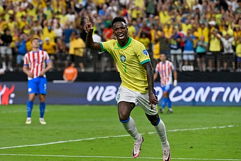 Brazil's Vinicius Junior celebrates scoring his side's third goal against Paraguay during a Copa America match 