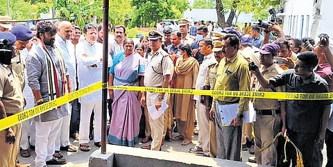 Ministers D Sridhar Babu and D Anasuya along with MP Gaddam Vamsi Krishna and MLA Ch Vijaya Ramana Rao inspect the crime spot in Sultanabad mandal