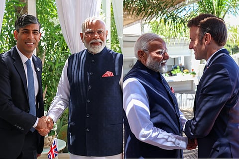 Prime Minister Narendra Modi with Rishi Sunak (L) PM with French President Emmanuel Macron