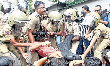 A scene from an SFI protest march to the AG’s office against the irregularities in the NEET examination 