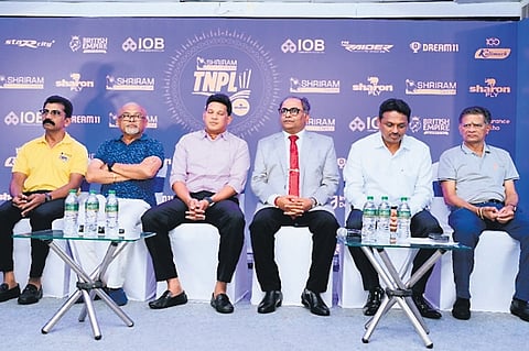 RN Baba, assistant secretary, TNCA; Adam Sait, vice president, TNCA; P Ashok Sigamani, president, TNCA; Ajay Kumar Srivastava, MD, Indian Overseas Bank;  TJ Srinivasaraj, treasurer, TNCA; K Shiva Kumar, joint secretary, TNCA