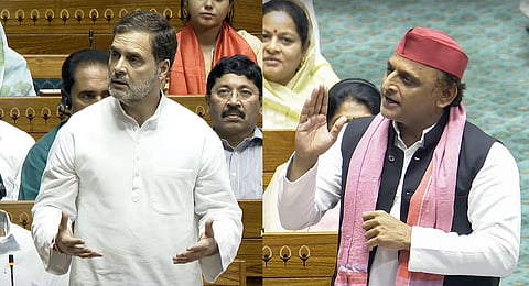 Leader of the Opposition Rahul Gandhi and Samajwadi Party MP Akhilesh Yadav speaking in the House during the first session of the 18th Lok Sabha, in New Delhi, Wednesday, June 26, 2024.