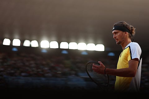 Germany's Alexander Zverev reacts as he plays against Norway's Casper Ruud during their men's singles semi final match at the Roland Garros Complex in Paris on June 7, 2024.