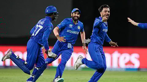 Afghanistan players celebrating their win in the T20 World Cup match against Bangladesh at Arnos Vale Ground, Kingstown, Saint Vincent and the Grenadines, Monday, June 24, 2024.