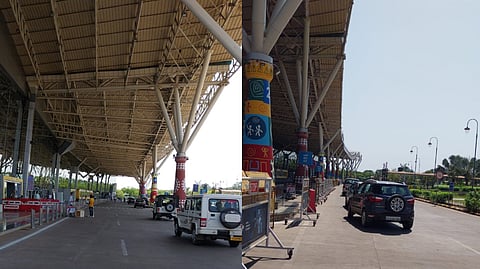 Three lanes under the shade at airport terminal earmarked for VIP vehicles. Two lanes (without shades) are meant for common fliers.