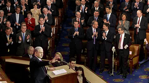  Israeli Prime Minister Benjamin Netanyahu speaks March 3, 2015, before a joint meeting of Congress on Capitol Hill in Washington. Democratic lawmakers in the House and Senate are wrestling with whether to attend Netanyahu's address to Congress on July 24, 2024. 
