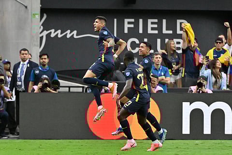 Ecuador players celebrate after an own goal from Jamaica's Kasey Palmer during Copa America match 