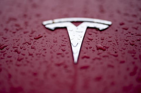 A Tesla logo is shown on Feb. 27, 2024, in Charlotte, N.C. 