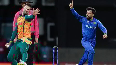 South Africa captain Aiden Markram (L) and Afghanistan captain Rashid Khan