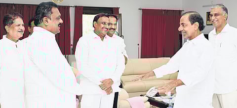 BRS chief K Chandrasekhar Rao greets party MLAs at his Erravalli farmhouse in Siddipet district on Tuesday.