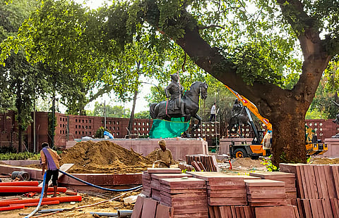 tatues of Chhatrapati Shivaji Maharaj and others during relocation within the Parliament premises as part of the redevelopment project. 