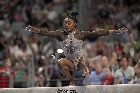 Simone Biles competes on the balance beam during the US Gymnastics Championships, Sunday, June 2, 2024, in Fort Worth, Texas.