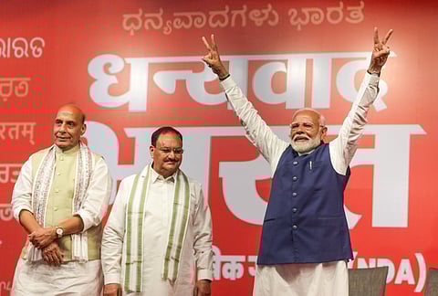 Defence Minister Rajnath Singh and BJP National President JP Nadda at the party headquarters as the party leads in the Lok Sabha elections amid the counting of votes, in New Delhi, Tuesday, June 4, 2024. 