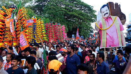 When BJP workers took out a procession in town celebrating the victory of Suresh Gopi on Tuesday.