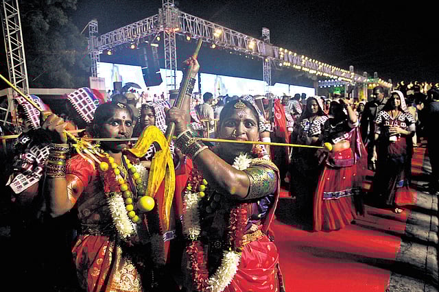 Dancers and performers take part in the celebrations of the Telangana Formation Day on Tank Bund, Hyderabad, on Sunday