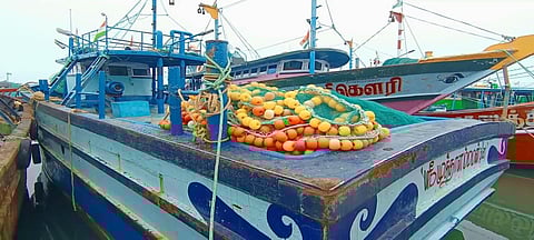 A purse seine fishing net kept on the deck of a mechanised boat 