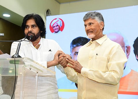 TDP supremo and AP CM Nara Chandrababu Naidu with AP DCM and Janasena chief Pawan Kalyan