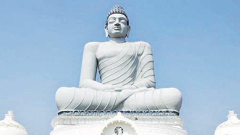 The Dhyana Buddha statue in Amaravati. Amaravati was historically known to be a holy site for Mahayana Buddhists.