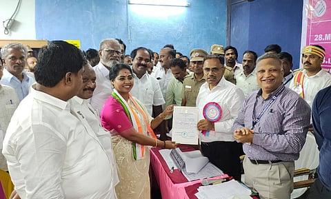 R Sudha receiving the winning certificate from Returning Officer AP Mahabharathi on Tuesday