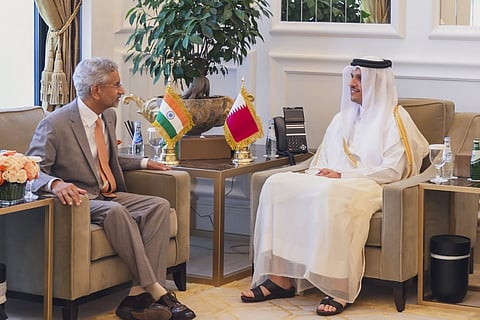 External Affairs Minister S. Jaishankar with Prime Minister of Qatar Mohammed bin Abdulrahman bin Jassim Al Thani during a meeting, in Doha in July.