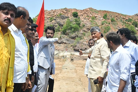 CM Chandrababu Naidu inspecting the Polavaram project on Monday (Express Photo | Prasant Madugula)