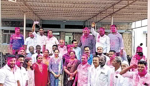 Priyanka Jarkiholi celebrates her victory with her supporters on Tuesday 