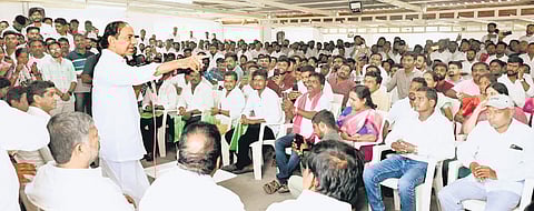 BRS chief K Chandrasekhar Rao addresses party cadre and leaders from Karimnagar at his Erravalli farmhouse on Friday