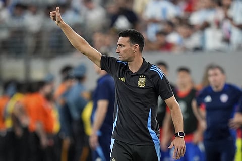 Argentina’s coach Lionel Scaloni gestures during a Copa America Group A soccer match agains Chile in East Rutherford, N.J., Tuesday, June 25, 2024.