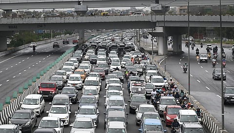 Huge traffic jam due to heavy rain at NH 24 In New Delhi on Friday, June 28, 2024.   