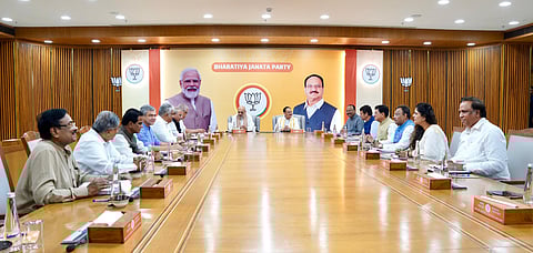 Senior BJP leaders meet with party president JP Nadda and Union Home Minister Amit Shah to discuss strategy for the upcoming Maharashtra Assembly polls, in Delhi, on Tuesday.