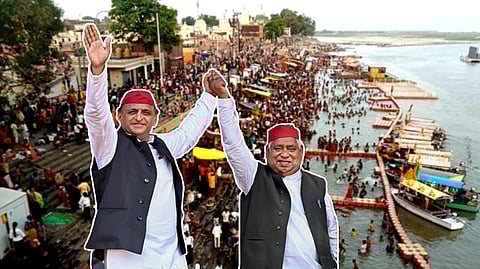 Samajwadi Party chief Akhilesh Yadav with Awadhesh Prasad with Ayodhya in the backdrop.