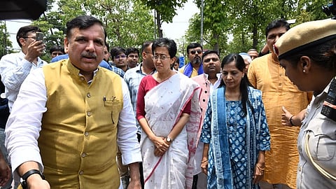 Delhi Minister Atishi with AAP MP Sanjay Singh, Sunita Kejriwal and other party leaders.