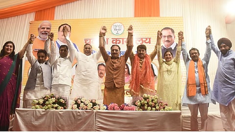 Delhi BJP President Virendra Sachdeva with the party's victorious candidates in the Lok Sabha elections.