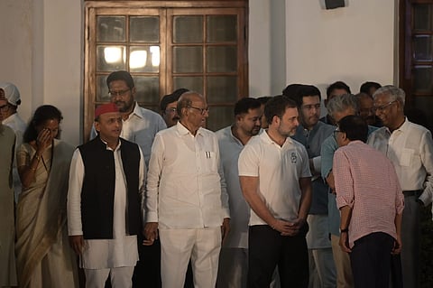 Akhilesh Yadav, Sharad Pawar and Akhilesh Yadav seen during the INDIA bloc meeting at the residence of Mallikarjun Kharge.